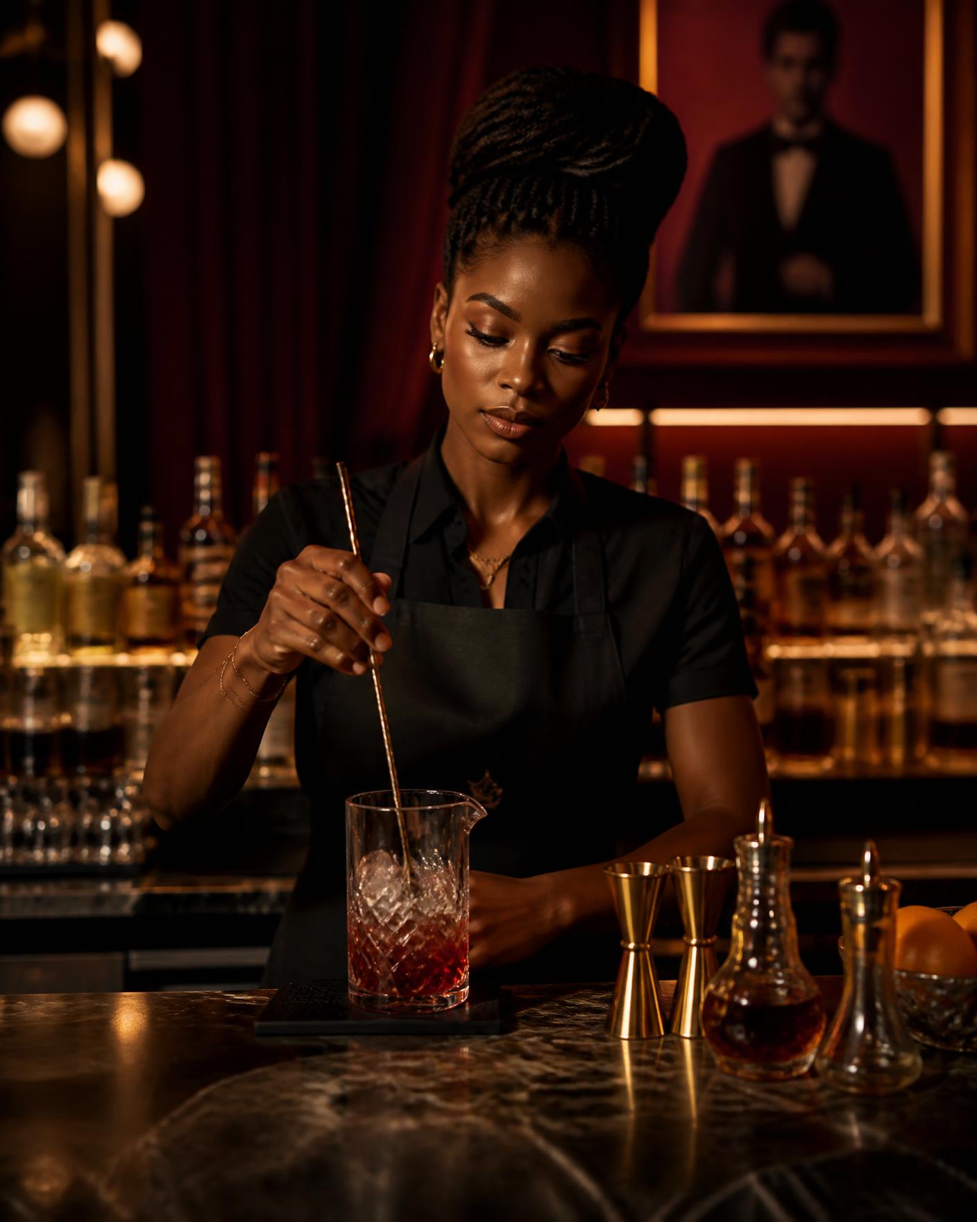 Bartender stirring a cocktail behind a dimly lit professional bar